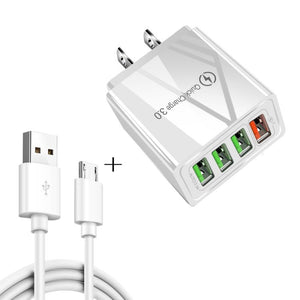 2 in 1 1m USB to Micro USB Data Cable + 30W QC 3.0 4 USB Interfaces Mobile Phone Tablet PC Universal Quick Charger Travel Charger Set, US Plug, Micro USB Set US Plug - ORIWHIZ