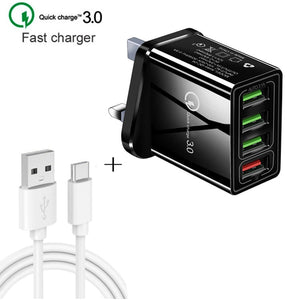 2 in 1 1m USB to USB - C / Type - C Data Cable + 30W QC 3.0 4 USB Interfaces Mobile Phone Tablet PC Universal Quick Charger Travel Charger Set, UK Plug, USB - C / Type - C Set UK Plug - ORIWHIZ