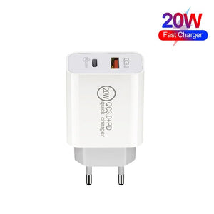 Dual Fast Charging 20W PD3.0+QC 3.0 Interface Travel Charger for iPhone, Huawei, Samsung, Xiaomi, EU Plug, US Plug, AU Plug - ORIWHIZ