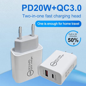 Dual Fast Charging 20W PD3.0+QC 3.0 Interface Travel Charger for iPhone, Huawei, Samsung, Xiaomi, EU Plug, US Plug, AU Plug - ORIWHIZ