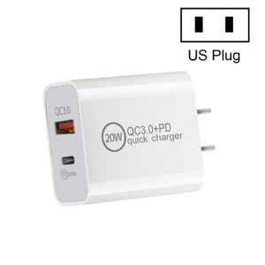 Dual Fast Charging 20W PD3.0+QC 3.0 Interface Travel Charger for iPhone, Huawei, Samsung, Xiaomi, EU Plug, US Plug, AU Plug - ORIWHIZ