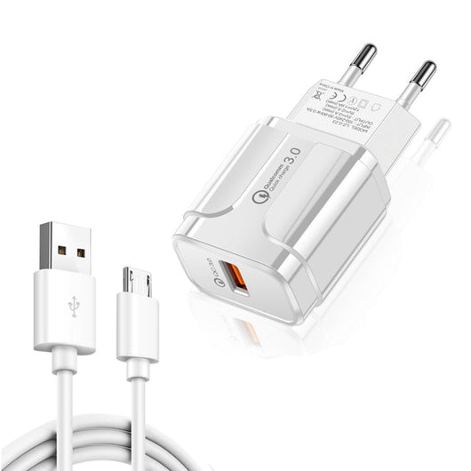 LZ - 023 18W QC 3.0 USB Portable Travel Charger + 3A USB to Micro USB Data Cable, EU Plug, Micro USB Data Cable, EU Plug - ORIWHIZ