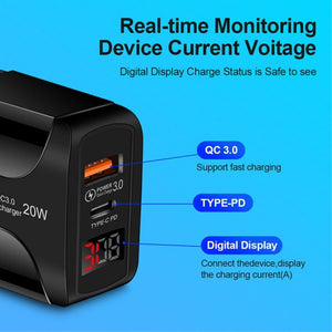 PD001 5A PD3.0 20W + QC3.0 USB Fast Charger with LED Digital Display, UK Plug, UK Plug - ORIWHIZ