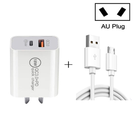 SDC - 18W 18W PD + QC 3.0 USB Dual Fast Charging Universal Travel Charger with USB to Micro USB Fast Charging Data Cable, AU Plug, USB to Micro USB (AU Plug) - ORIWHIZ