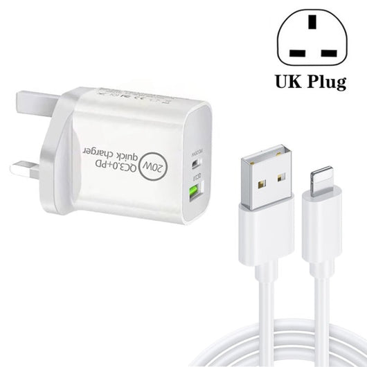 SDC - 20WA+C 20W PD 3.0 + QC 3.0 USB Dual Fast Charging Universal Travel Charger with Micro USB to 8 Pin Fast Charging Data Cable, UK Plug, USB to 8 Pin (UK Plug) - ORIWHIZ